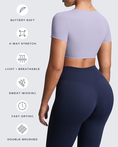 Image of Aoxjox Short Sleeve Crop Tops for Women Sienna Twist Deep V Workout Cropped T Shirt Top (Purple Heather, Small)