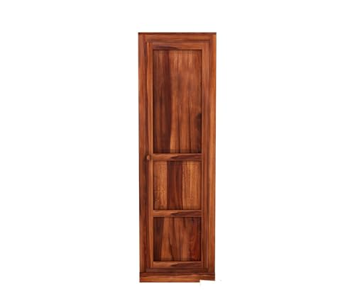 Image of Sheesham Wood Wooden Single Door Wardrobe Organizer for Clothes | - Solid Wood Almirah with 2 Drawers, 2 Shelves with Hanging Space - Cupboard for Large Bedroom, Natural Finish