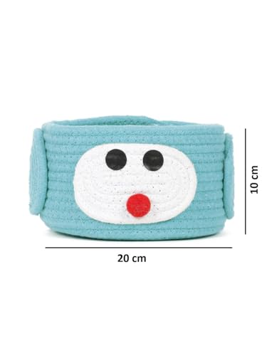 Image of JK Enterprises Cute Cartoon Cotton Rope Storage Basket with Handles | Multipurpose Organizer Basket for Kids Room, Nursery, Desk, Remote Controls, Cosmetics, Toys & Accessories | Blue | 20 x 10 cm