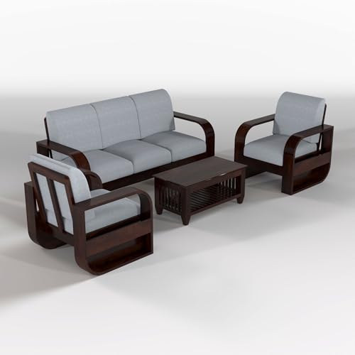 Image of Solid Sheesham Wooden 5 Seater Sofa Set Without Coffee Table with Grey Cushion for Living Room Furniture - Walnut Finish (3+1+1)