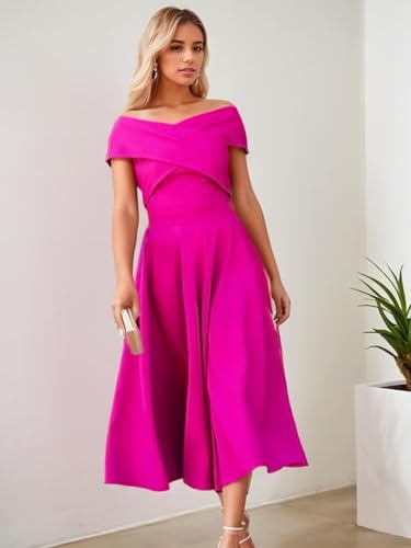 Womens Satin Off The Shoulder Evening Dress Tea Length Prom Dresses for Women A Line Midi Wedding Guest Dress4