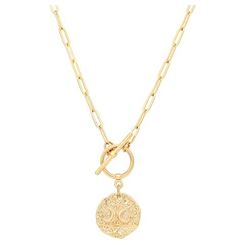 Aobei Pearl Moon and Star Medallion Pendant Necklace 18k Gold Oval Link Chain Choker Large Celestial Charm Layering Jewelry 20’’ Cover