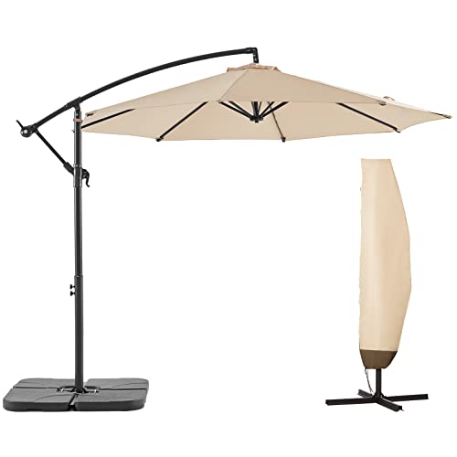 Bluu Banyan With 600D Oxford Fabric Umbrella Cover 10 Ft Patio Offset Umbrella Outdoor Cantilever Umbrella Hanging Umbrellas, 24 Month Fade Resistance & Water-Repellent Uv Protection Solution-Dyed Fabric Canopy With Infinite Tilt, Crank & Cross Base (Beige) #TOP19