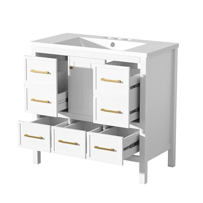 Bathroom Vanity Set, 36 Bathroom Vanity with Resin Sink Combo, Solid Wood Frame Bathroom Storage Cabinet with 5 Drawers & Soft Closing Doors, MDF Boards, Gold Metal Knobs