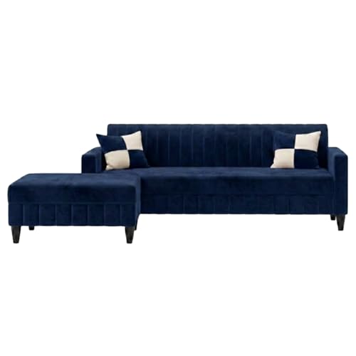 Image of FURNY Gracina 5 Seater L Shape Sofa Set with Movable Ottoman | Flexible Left or Right Layout | Plush Velvet Fabric (Dark Blue) | Perfect for Living Room, Guest Room & Office
