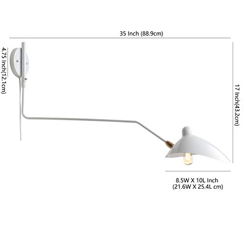 Image of JONATHAN Y Frank 1-Light Wall Sconce Swing Arm Metal 35 inch, White /Brass Gold | Mid-Century Modern, Adjustable Bowl Shade, Retro, Plug-In, Down Light, LED Bulb Included