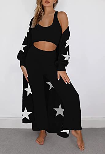 Image of Fixmatti Women's Fuzzy 3 Piece Sweatsuit Open Front Cardigan Crop Tank Tops Wide Legs Pants Lounge Sets