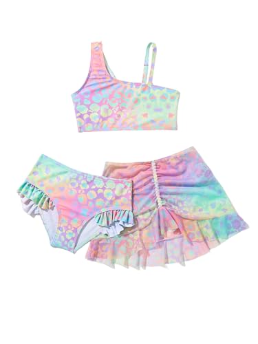 Floerns Toddler Girl's 3 Piece Bikini Set Cheetah Print Ruffle Trim Asymmetrical Swimsuit with Beach Skirt