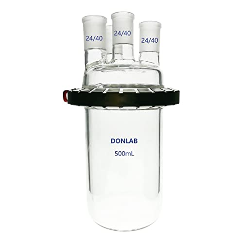 DONLAB REA-0034 500ml Cylindrical Reaction Kettle Flask W/Clamp and Lid,4-Neck Standard Taper Joints 24/40 Center - 24/40 Side Neck