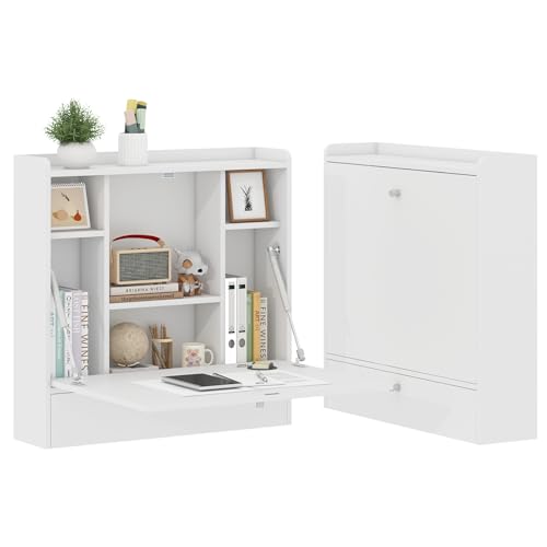 MoraRise Wall Mounted Table Folding Desk Drop Leaf Floating Table with 7 Storage Shelves Computer Desk Home Office Desk Workstation for Small Space Study Bedroom Dining Kitchen Living Room (White)