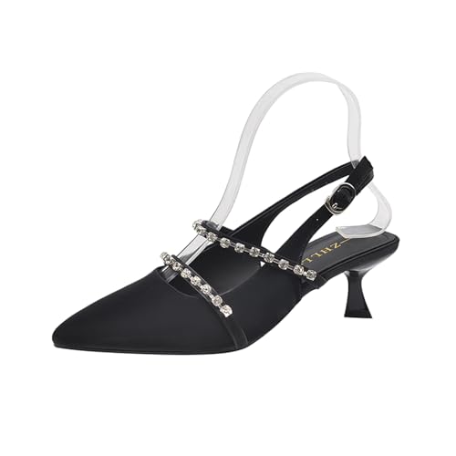 Fashion Rhinestone Slingback Kitten Heels Sandals for Women Close Pointed Toe Ankle Strap Pumps Patent Leather Low Heels with Buckle Dress Shoes for Dating Party Working Wedding