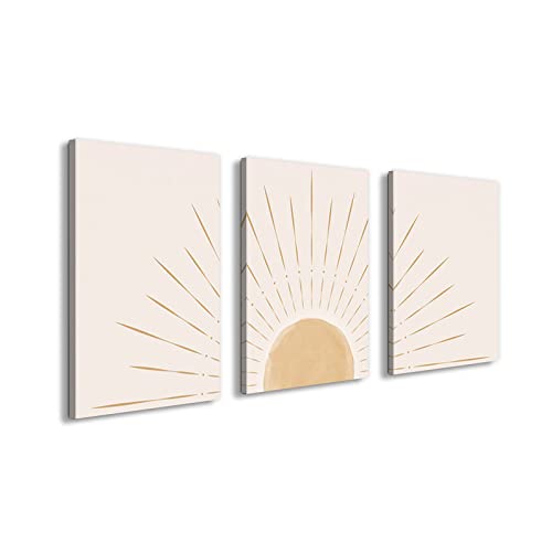 Image of Boho Wall Art Decor Canvas Sun Wall Pictures Mid Century Modern Minimalist Bohemian Wall Art Prints for Living Room Bedroom Bathroom Sunrise on the Horizon Neutral Geometric Illustrations Line