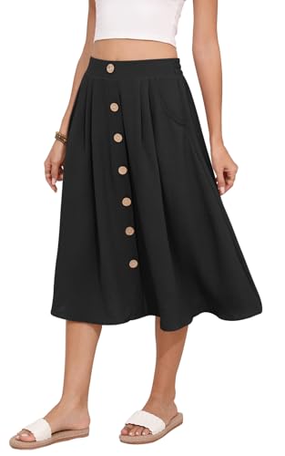 Women's Midi Skirt Summer Flowy High Waisted Casual Button Front Skirts with Pockets4