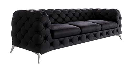 ROVERTI Royal Chesterfield DREI-Personen Sofa Schwarz, 243 x 73 x 100 cm - verchromte Füße, Couch, freistehend, hochwertige Wellfederung Cover