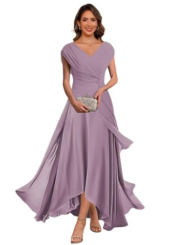 Tea Length Mother of The Bride Dresses Chiffon V Neck Wedding Guest Dress Pleated Formal Evening Gowns4