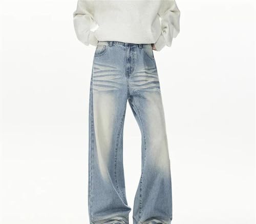 Mens Contrast Color Jeans Wide Leg Straight Casual Loose Fit Vintage Trousers Washed Denim Pants2