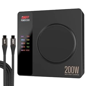 ISDT Power 200X Cargador Inalámbrico de Escritorio Puertos USB C 4+1 Puertos (140W máximo Cada Canal) Compatibles con iPhone, Samsung, iPad, MacBook, iWatch con 2 Cables Tipo-C de 240W