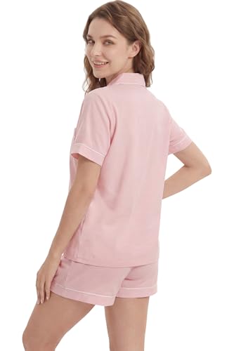 Image of LUBOT 100% Cotton Pajamas for Women 2 Piece PJ Set Button-Down Soft Knit Short Sleeve Summer Sleepwear Loungewear XS-XXL