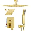 Brushed Gold Shower System, STARBATH 12+6" Multi Head Shower Set with Handheld Spray for Couples, Ceiling Mount Rainfall Shower Faucet Set with 3 Way Shower Valve with 5 Diverter and Trim Kit Complete