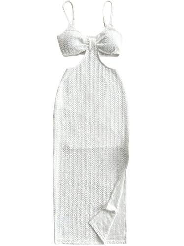 Image of SHENHE Women's Vacation Sexy Cutout Waist Split Camisole Textured Bodycon Summer Dress White X-Small