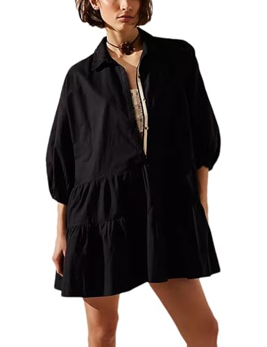 Image of HangNiFang Women's Summer Babydoll Mini Dress Flowy Puff Sleeve Tiered Button Down Oversized Tunic Dress with Pockets