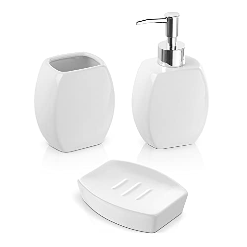 Inbagno Set Accessori Bagno Completo – 3 Pezzi in Ceramica, Kit Accessori da appoggio, Include Dispenser Sapone, portaspazzolini e portasaponetta (Bianco)