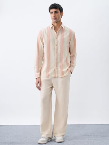 Image of The Souled Store Cotton Linen Stripes: Apricot Men and Boys Long Sleeves Collared Neck Orange Stripes Regular Fit Lightweight Comfortable Summer Cotton Linen Shirts