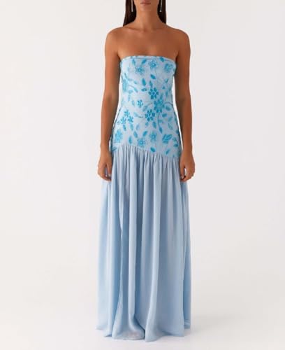 Image of Women Floral Strapless Maxi Dress Y2K Bodycon Tube Long Dresses Sexy Party Formal Cocktail Beach Slit Dress