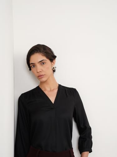 Image of FableStreet Women Formal & Casual Top | V-Neckline with Gathered Back Detail & Three-Quarter Sleeves | Premium Satin Fabric for Office Wear & Sophisticated Outings