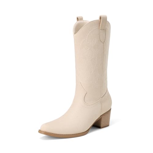 Image of DREAM PAIRS Cowboy Boots for Women Cowgirl Western Boots Fashion Embroidery Stitched Chunky Heel Mid Calf Boots