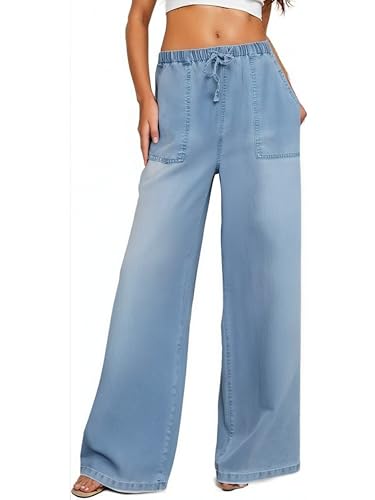 Women's Drawstring Wide Leg Jeans High Waisted Loose Fit Denim Pants Polyester