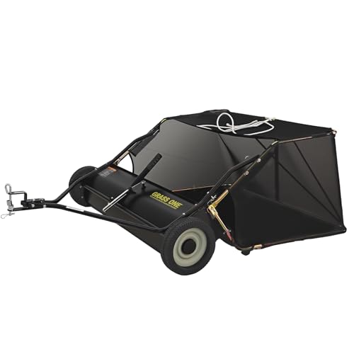 Grass One 44 Inch Tow-Behind Lawn Sweeper with 25 Cu.Ft Hopper Bag, Adjustable Brush Height & Easy Dump-from-Seat – Picks Up Leaves, Grass & Yard Debris, Garden Gift