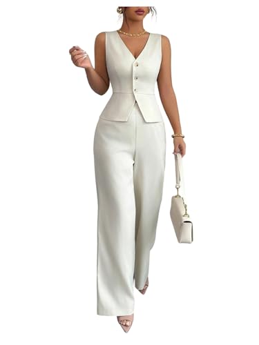SOLY HUX Women's 2 Piece Business Casual Outfits Button Up V Neck Suit Vest and Pants Set