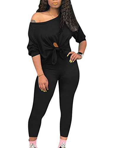 cailami Women's Sexy 2 Piece Outfits Tie Up Crop Top Bodycon Club Jumpsuit Pants Set, Medium, Black