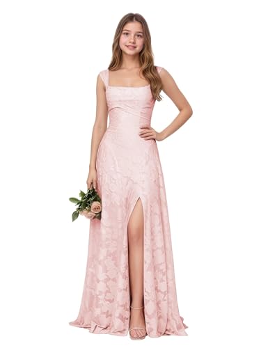 Kids Junior Bridesmaid Dresses Blush Pink Slit Lace Flower Girl Dress for Teen Girl Long Party Pageant Gowns Sleeveless Mermaid Pleates Formal Party Prom Dress for Girls Size 7