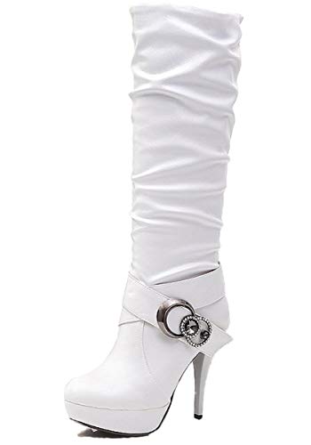 ORANDESIGNE Élégantes Bottes Femme Bottes à Talons Hauts à Plateforme Talon Haut Mince Bottes Boucle de Ceinture en Strass C Blanc 38 EU