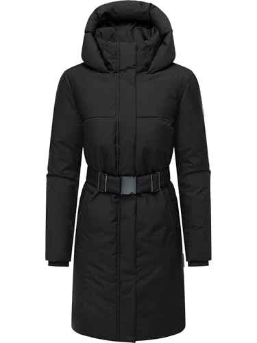 Navahoo Damen Wintermantel warmer Parka mit Gürtel und gefütterter Kapuze Gipfelspass XIV Black Gr. 3XL