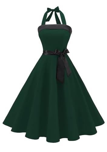 Timormode Damen Vintage Cocktailkleid Knielang Neckholder Swing Retro Rockabilly Kleid Tiefgrün M