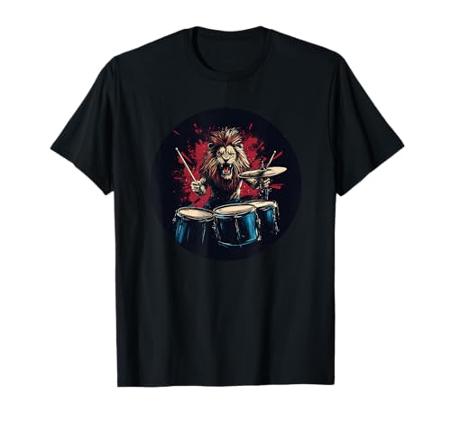 Schöner Schaukel-Löwe mit coolen Trommeln für Rockmusik-Liebhaber T-Shirt Schöner Schaukel-Löwe mit coolen Trommeln für Rockmusik-Liebhaber T-Shirt