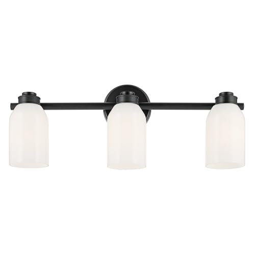Image of Kichler Shae 3-Light Bathroom Vanity Light, Black | White opal glass vanity light for modern bathroom mirrors (24.25 inch x 9 inch), 55202BK