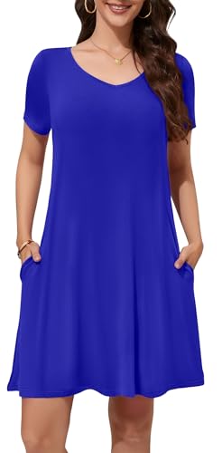 Image of WEACZZY Summer Dresses for Women 2026 V-Neck Casual T Shirt Dress Loose Short Sleeve Flowy Dresses with Pockets