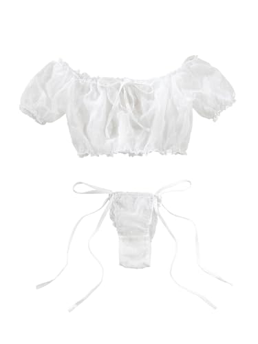 Image of Lilosy Sexy Stretch Ruffle Tie Sheer Mesh Lingerie Set Outfits