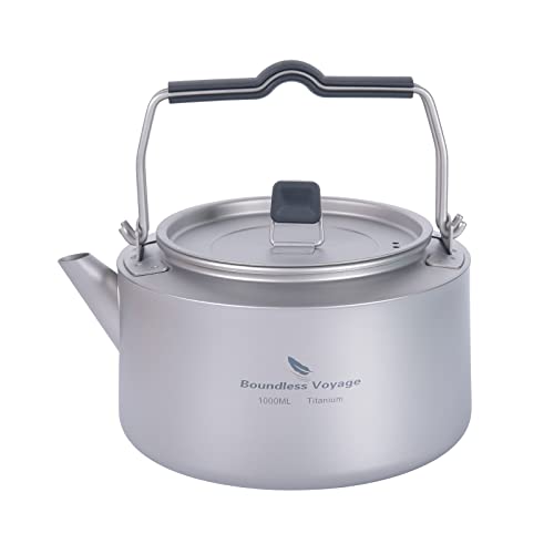 Boundless Voyage Titanium Camping Kettle 1L Ultralight Tea & Coffee Pot for Backpacking, Hiking & Outdoor Travel with Folding Handle & Built-in Filter, Durable Open Fire Water Boiler Ti3098D