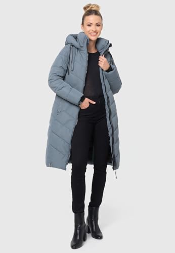 Navahoo Damen Wintermantel Warmer Langer Steppmantel mit Abnehmbarer Kapuze Sahnekatzii XIV Stormy Blue Gr. L