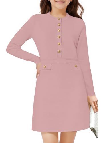 Haloumoning Girls Long Sleeve Sweater Dress Kids Casual Front Button A-Line Knit Fall Dresses 5-14 Years