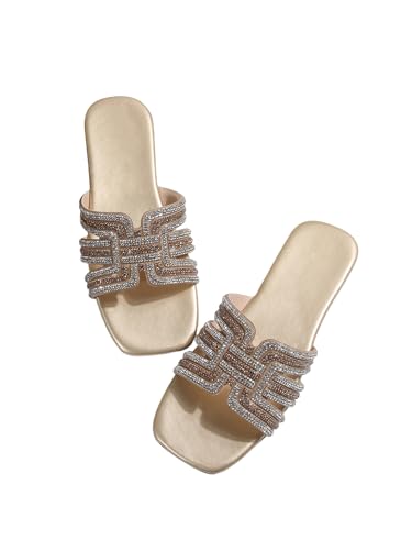 Verdusa Women's Glitter Rhinestone Sandals Summer Square Toe Slip on Flat Sandals