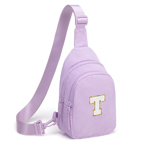 Small Corduroy Sling Bag Initial Crossbody Bag Fanny Pack for Girls Personalized Birthday Gifts for Teen Girls Gifts Lavender T