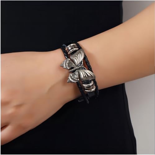 Cuff Bracelet for Women Trendy Pop Punk Grunge Retro Butterfly Faux Leather Rivet Silver Black Chocker Set Adjustable2