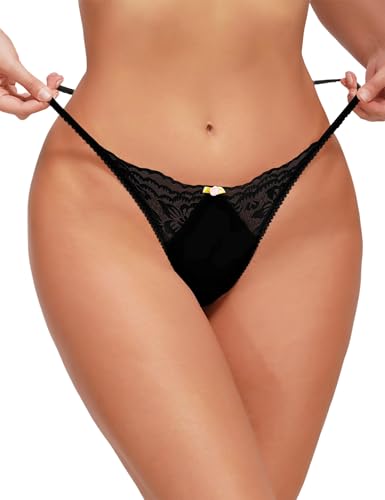 FULLJOYLOVE Women's Lace Thongs Panties Plus Size G-Strings Naughty Tangas Knickers Lace Seamless Underwear Sexy Stretchy Hollow Panties Briefs Black