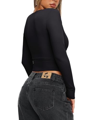 REORIA Women's Sexy Plunge Deep V Neck Long Sleeve Basic T Shirts Trendy Slim Fit Lightweight Y2K Going Out Crop Tops4